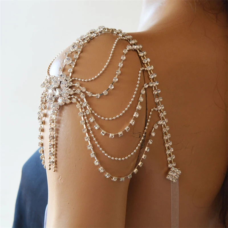 Chokers Fashion Multilayer Rhinestone One Shoulder Chain Boho Bride Wedding Super Sparkling Crystal Tassel Shawl Chain Jewelry Wholesale 231124