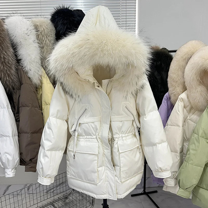 Women's Luxe Raccoon Fur Hooded Puffer Jacket - 90% White Duck Down Coat, Winter Thickened Parka with Oversized Hood, Windproof Feather Jacket