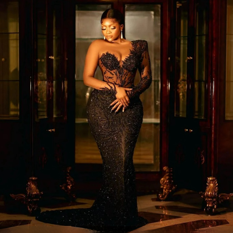 2023 Aso Ebi Black Prom Long Sleeves V-Neck Sequined Beaded Evening Birthday Party Second Reception African Arabic Formal Dress Engagement Gowns ST252