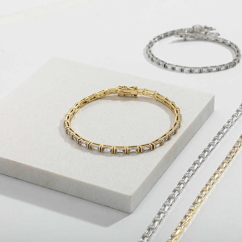Rap High-quality Square Diamond Tennis Bracelet For Men And WoMen Baguette Cubic Zirconia 14k Real Gold Plated Copper Chains Bangle Iced Out Wrist Jew
