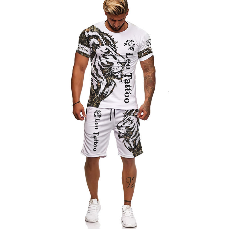 Men's Tracksuits Summer men's animal tattoo white short sleeved T-shirt lion 3D printed O-neck T-shirt and shorts set casual sportswear 2304