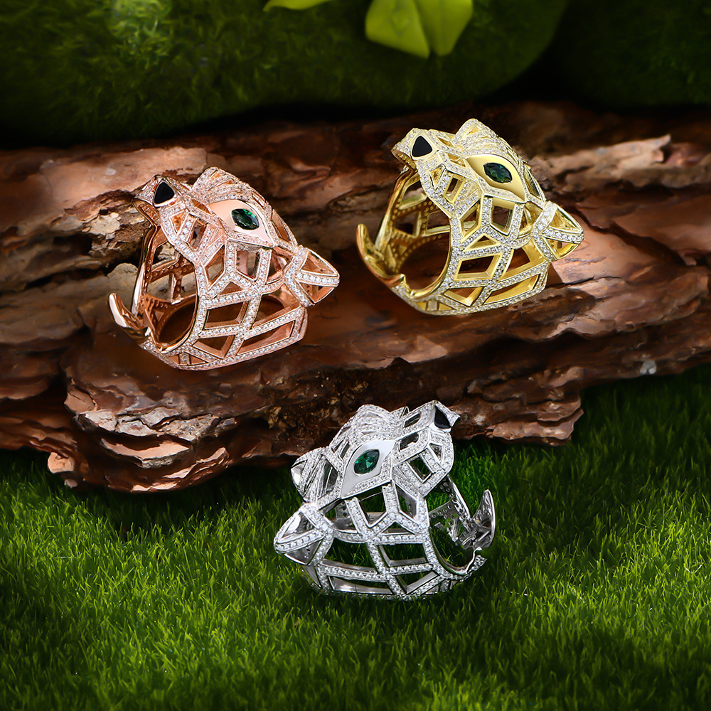Solitaire Ring Luxlove Leopard Tiger Head Ring S925 Solid Silver Cubic Zircon Full Diamond Fine Jewelry Hiphop Party 18K Gold Plated Rings 230422