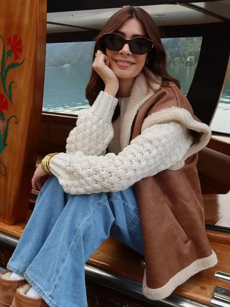 Womens Vests Brown Pu Leather Single Breasted Waistcoats Jackets Autumn Winter Vintage Female Lapel Neck Long Sleeves Lady Streetwear 231123
