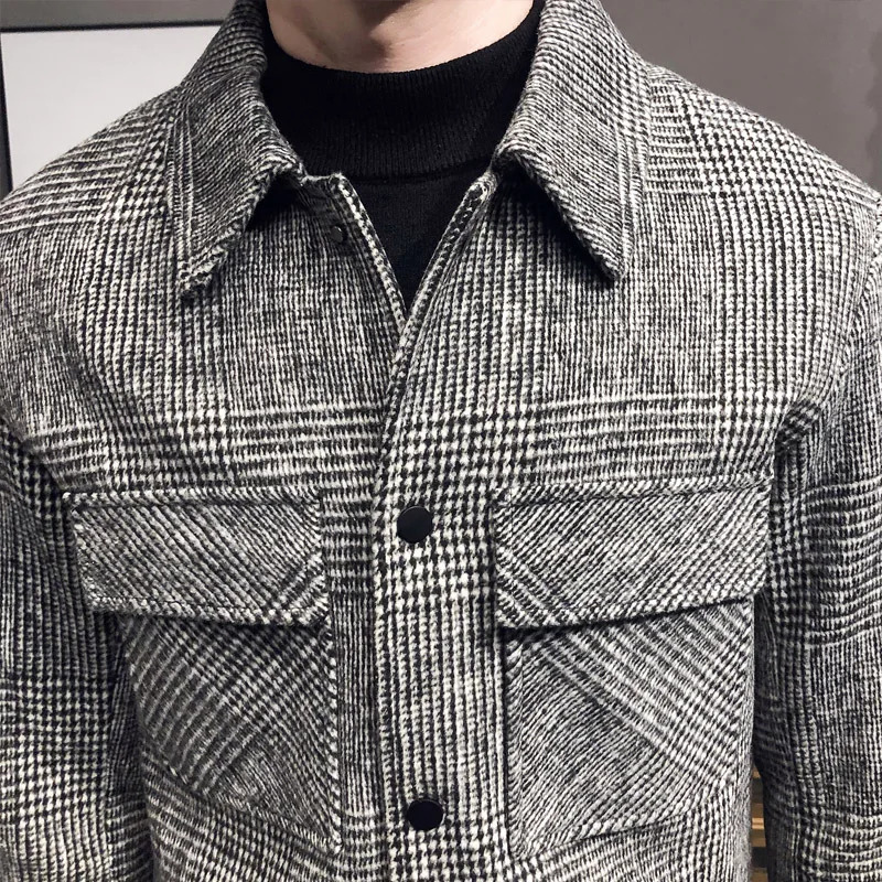 Mens Wool Blends Autumn/Winter Men Polo Neck Woolen Jacket Fashion Slim Fit Suit Coat HighQuality Checkered Multi Pocket Korean Casual Jacket 231123
