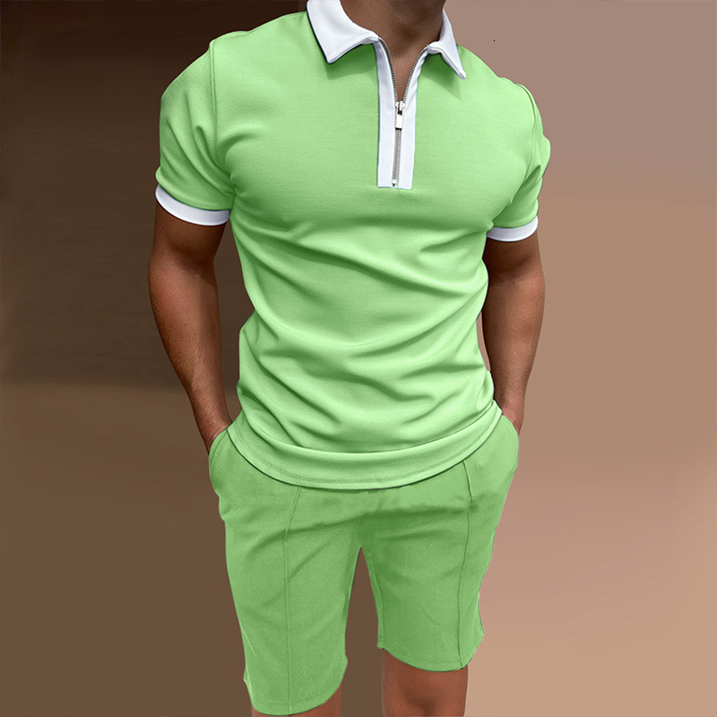Men's Tracksuits Men's Tracksuit Polo Shirt Suit Casual Streetwear Patchwork Zipper Short Sleeve Polo Shirt Shorts Breathable 2 Piece Set S-