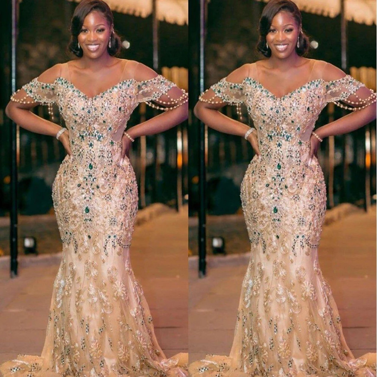 Aso Ebi Lace Mermaid Reflective Prom DressesArabic Major Beaded Crystals Prom Dresses Sexy Evening Second Reception Gown