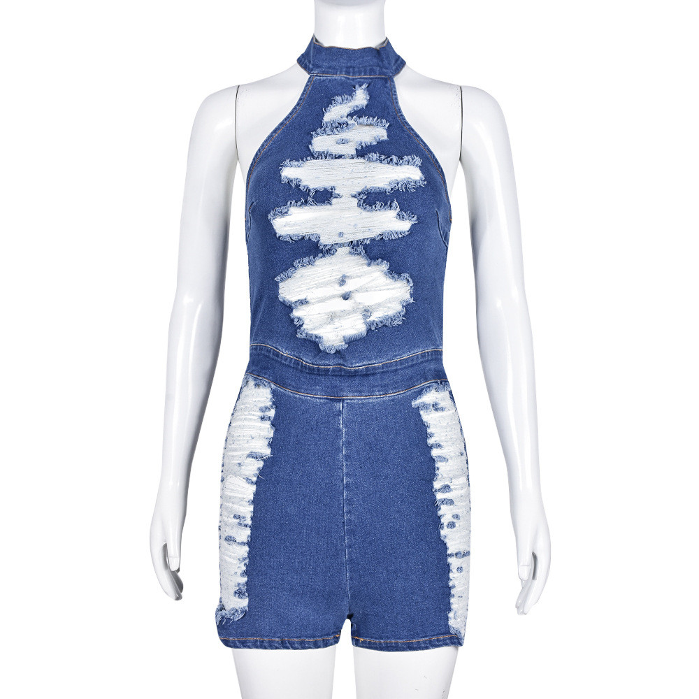 Designer Denim Rompers Women Sexy Halter Backless Jumpsuits Ripped Distressed Skinny Shorts Romper Fashion Street wear One Piece Overalls Wholesale Cl