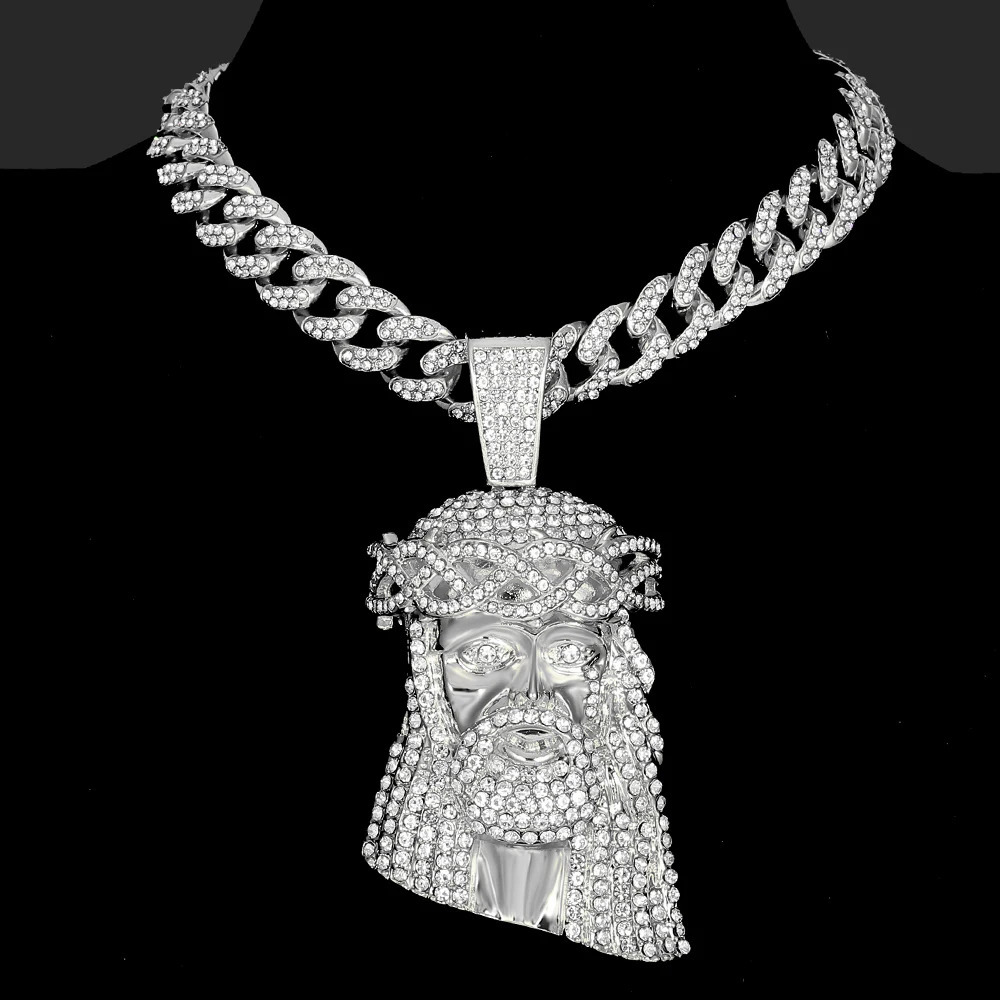 Chokers Hip Hop Jesus Pendant Cuban Chain Necklace Men Ice Out Paved Full Shining Crystal Jesus Head Face Charm Cuban Necklace Jewelry 231124