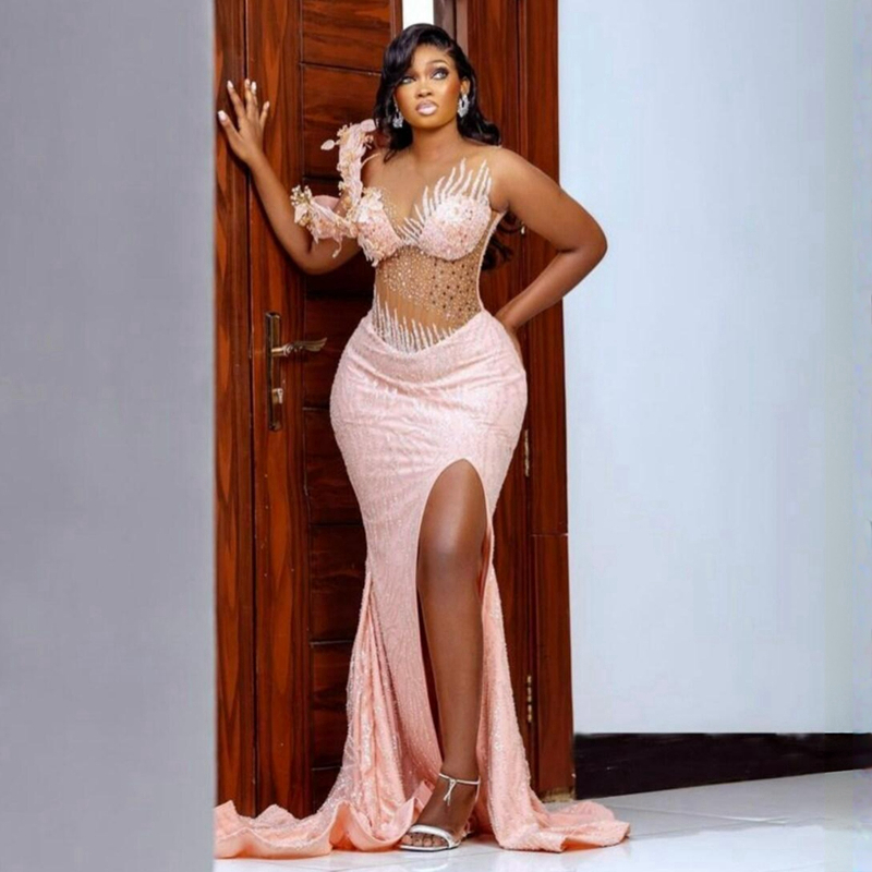 Aso Ebi Lastest Light Pink Prom Gowns Mermaid Illusion Evening Birthday Party Second Reception African Arabic Nigeria Formal Dress Bridesmaid Engageme