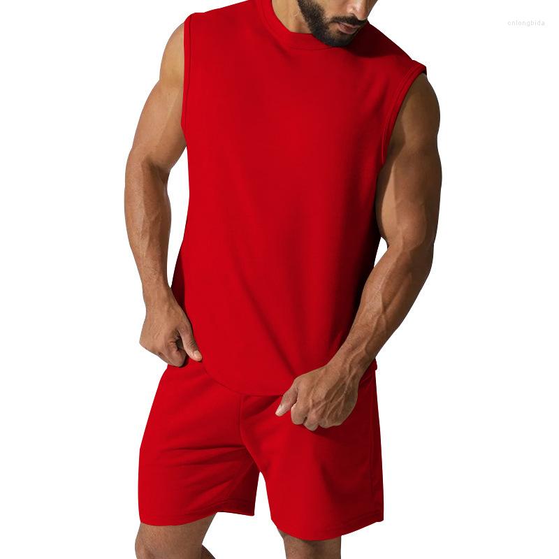Men's Tracksuits 2023 Summer Sleeveless Sports Suit Casual Thin Coat Solid Color Vest Two-piece Round Neck T-shirt Loose Version