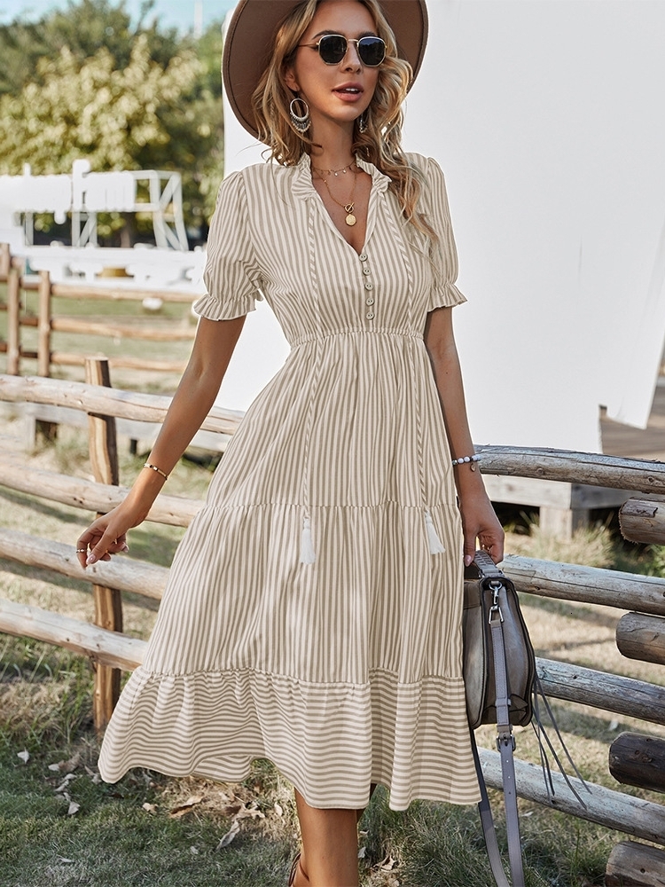 Casual Dresses Msfilia Spring Women's Striped Dress Causal Short Sleeve Tassel Medium Long Summer V Neck Button Dresses For Female 230424