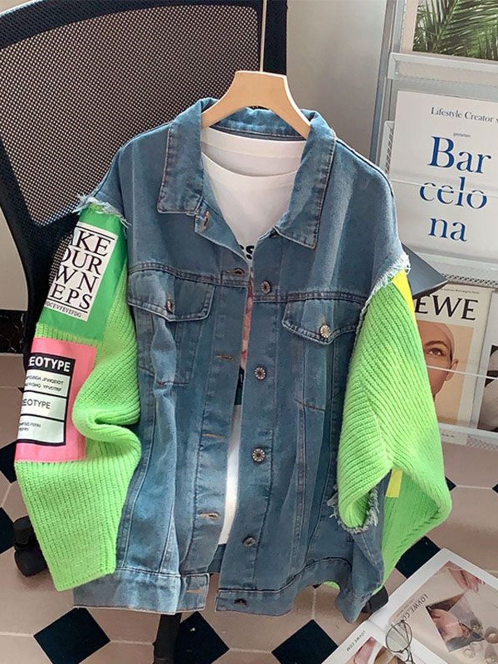Women s Jackets Pink Knitted Stitching Denim Jacket Trendy Chic Autumn Winter Korean Version Loose Lazy Wind Casual Jean Outwear Female 230424