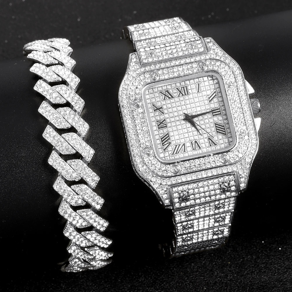Chokers Gold Color Watch Hip Hop Miami Curb Cuban Chain Iced Out Paved Rhinestones Bling Rapper NecklaceWatchBracelet Jewelry For Men 231124