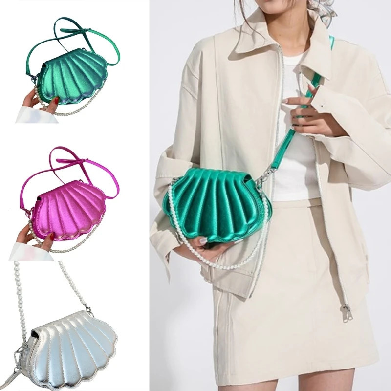Evening Bags Women Shell Shape Crossbody Bag Pearl Chain Handbag Purse Lady Girls PU Leather Flap Shoulder Casual Solid Color Daily Wear 231123