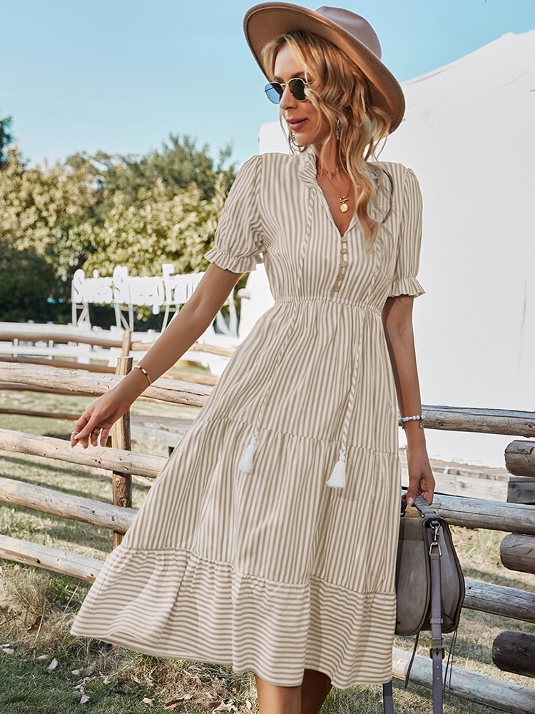 Casual Dresses Msfilia Spring Women's Striped Dress Causal Short Sleeve Tassel Medium Long Summer V Neck Button Dresses For Female 230424