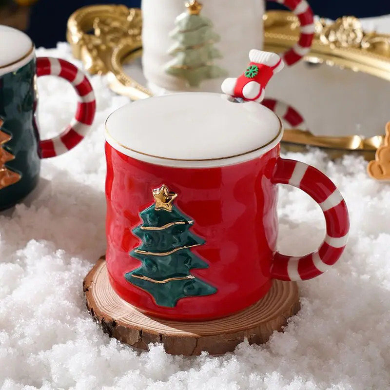 Mugs Cute Cartoon Christmas Tree Ceramic Mug for Girls Friends Student Gift Home Office Coffee Milk Tea Cup with Lif Spoon Drinkware 231123