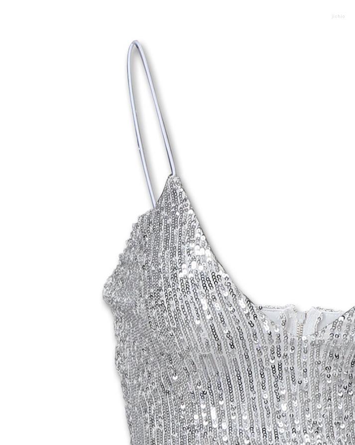 Casual Dresses Womens Crisscross Backless High Slit Sequins Dress V-Neck Spaghetti Strap Mid-Calf Skinny Party Wedding Guest