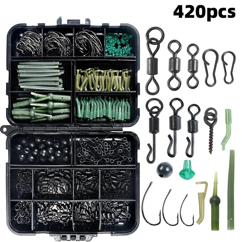 Fishing Accessories 160-420Pcs/Box Carp Fishing Tackle Kit Including Boilie Bait Screw Accessories Swivels Hooks Anti Tangle Sleeves Hook Stop Beads 2