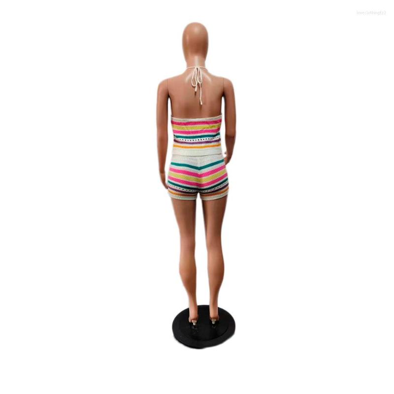 Women's Tracksuits Summer Rainbow Knitted Crop Top 2 Piece Short Pant Suits Sets Womens Outfits Clothes Crochet Backless Two Set Sexy Club