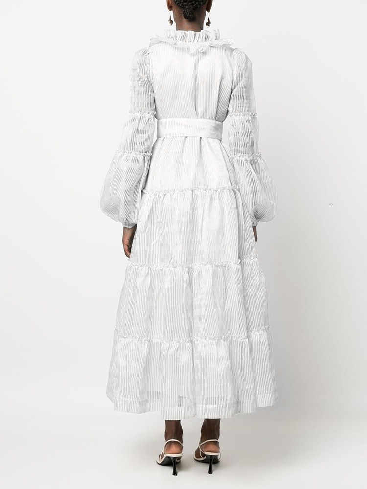 Casual Dresses CHICEVER Elegant Long Dresses For Women V Neck Puff Long Sleeve Patchwork Lace Temperament Maxi Female Spring Fashion 230424