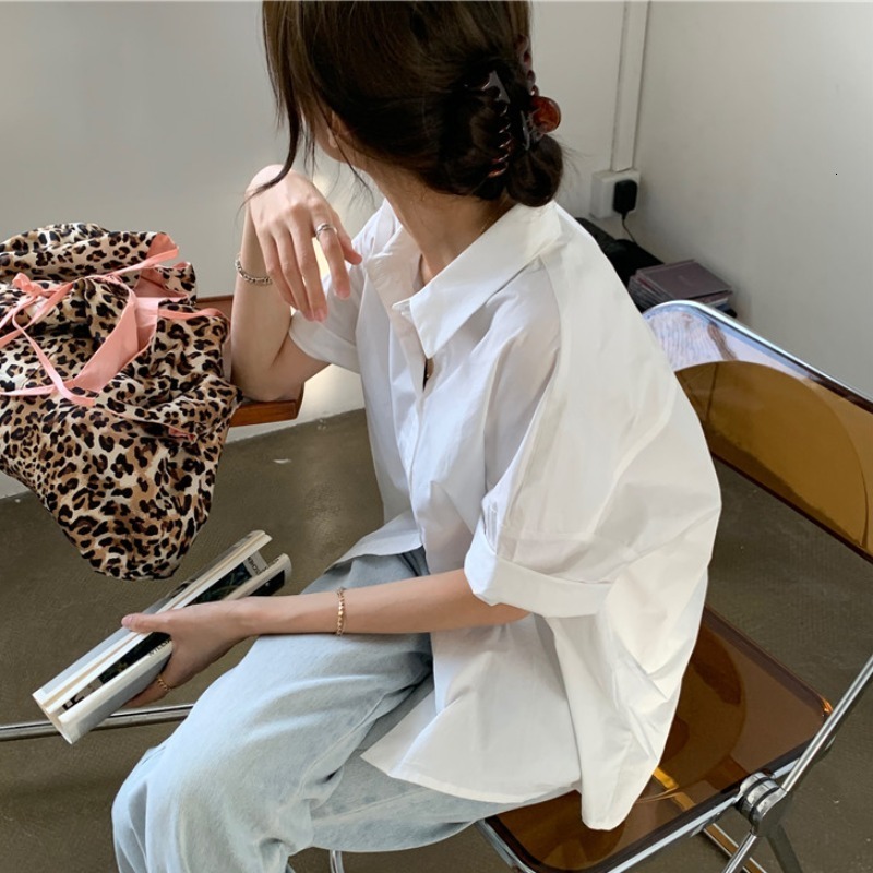 Women's Blouses Shirts Summer Top All Match Solid Shirt Short Sleeve Turn Down Collar Blouse Women Z032 230424