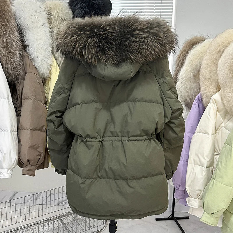 Women's Luxe Raccoon Fur Hooded Puffer Jacket - 90% White Duck Down Coat, Winter Thickened Parka with Oversized Hood, Windproof Feather Jacket
