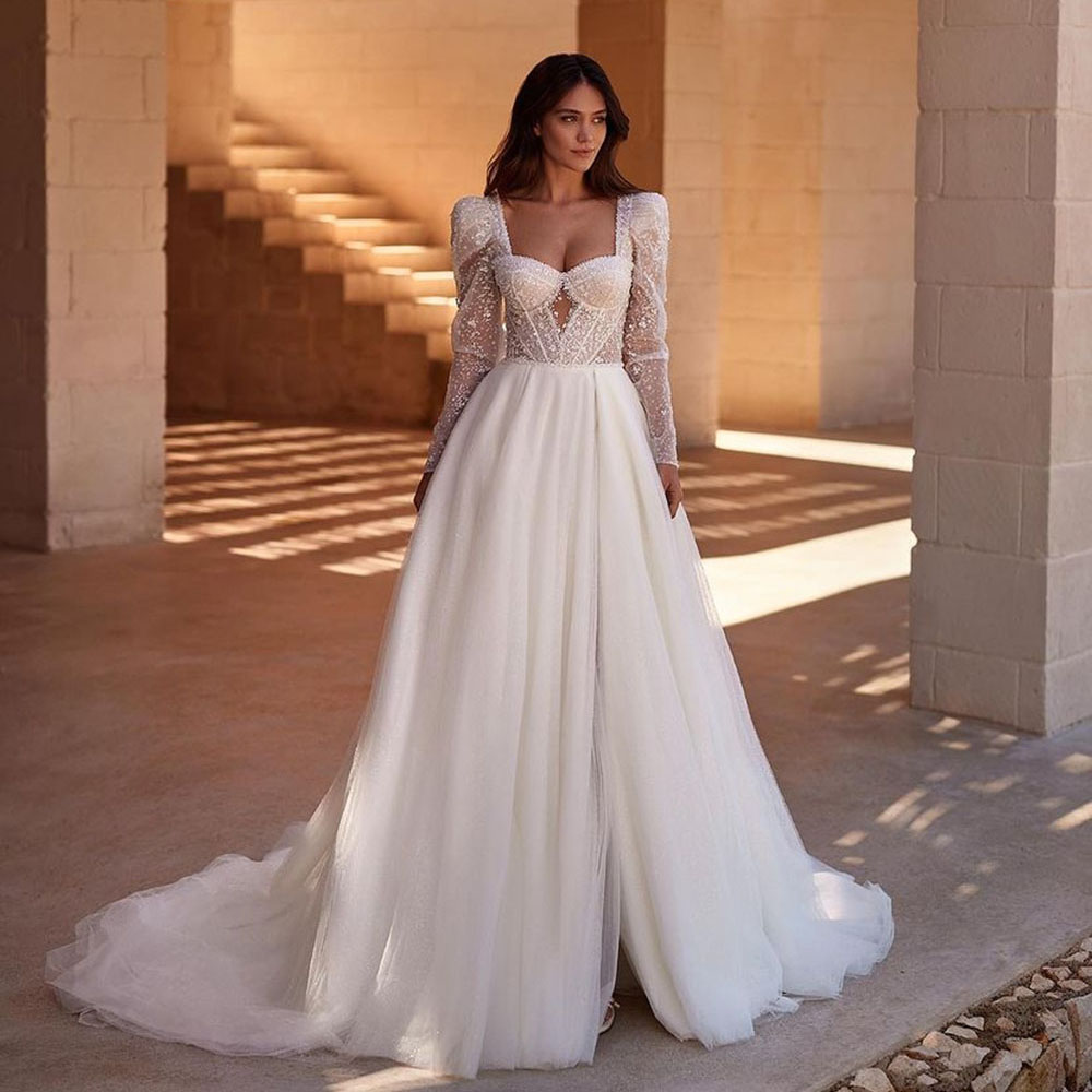 Glitter Wedding Dresses Long Sleeves Sweetheart Long Sleeve Bride Reception Dress Sweetheart Side Split Tulle Vestidos De Novia