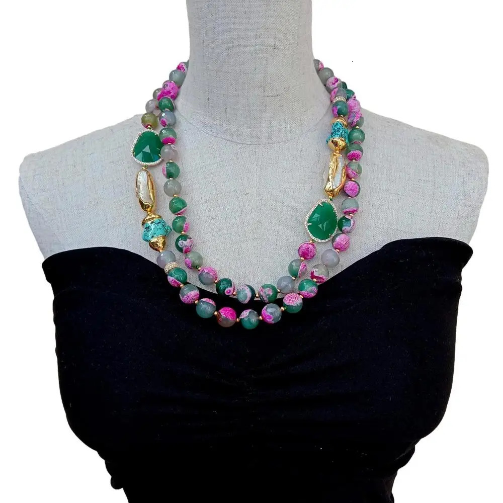 Beaded Necklaces KKGEM 21"-23" 2Strands 12mm fuchsia Green Faceted Agate White Biwa Pearl Crystal Turquoise choker Necklace 231124