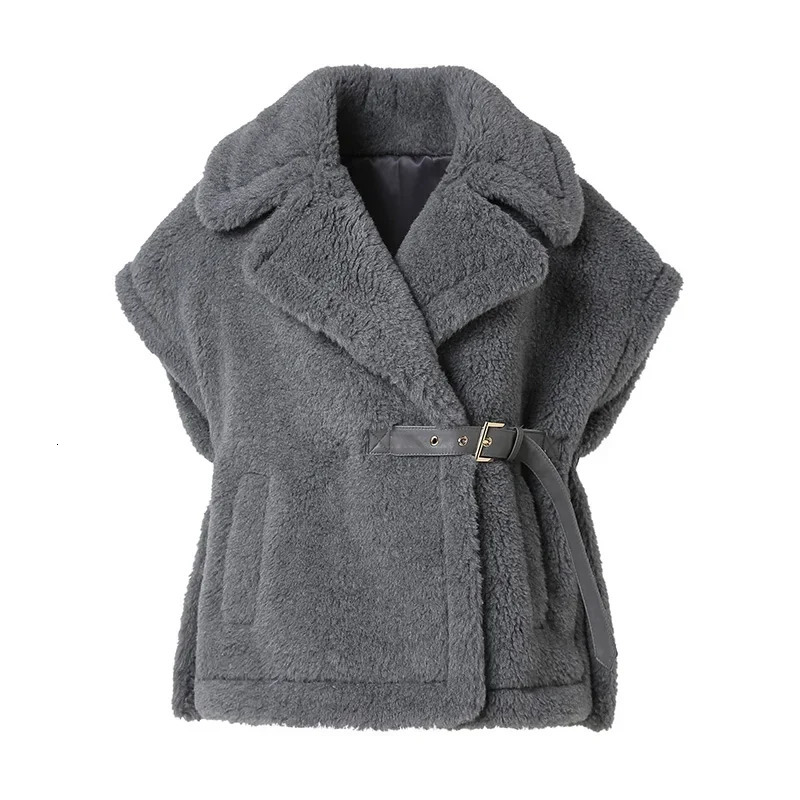 Women's Fur Faux Fur Teddy Vest Lady Fashion Winter Wool Short Coat Leather Belt Women's Waistcoat Streetwear Gilet 231123