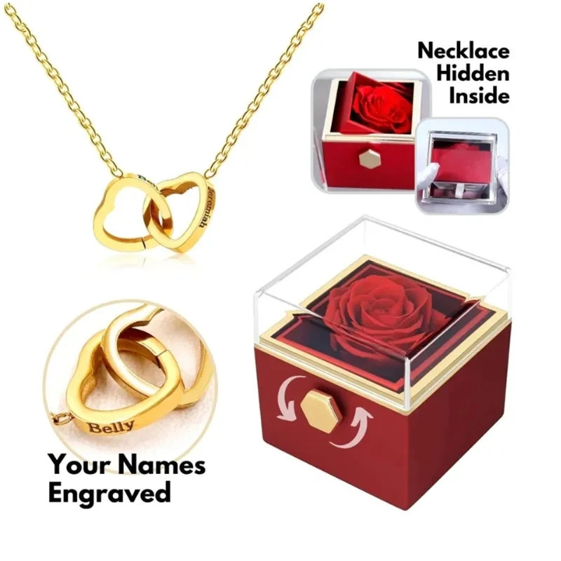 Pendant Necklaces Customized Necklace Double Heart Engraved Name Steel Necklace Eternal Rose Box For Women Valentine's Day Gift Box 231124