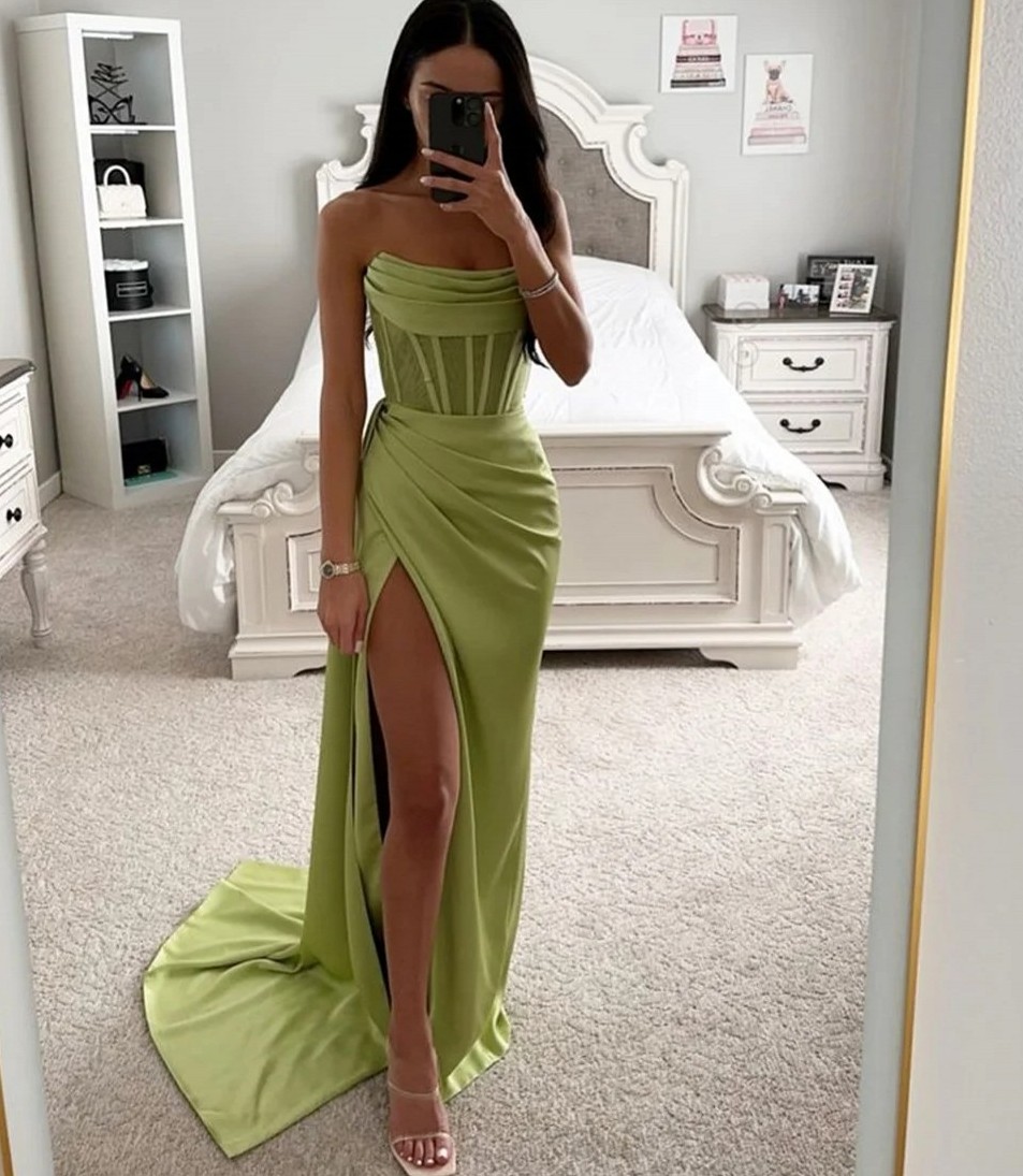 New Arrival Satin Evening Pageant Dress 2024 Side High Split Strapless Long Satin Women Prom Formal Party Gowns Robe De Soiree