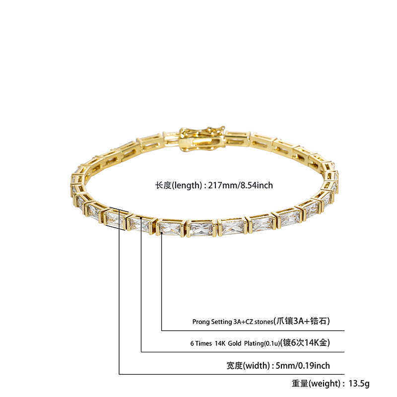 Rap High-quality Square Diamond Tennis Bracelet For Men And WoMen Baguette Cubic Zirconia 14k Real Gold Plated Copper Chains Bangle Iced Out Wrist Jew