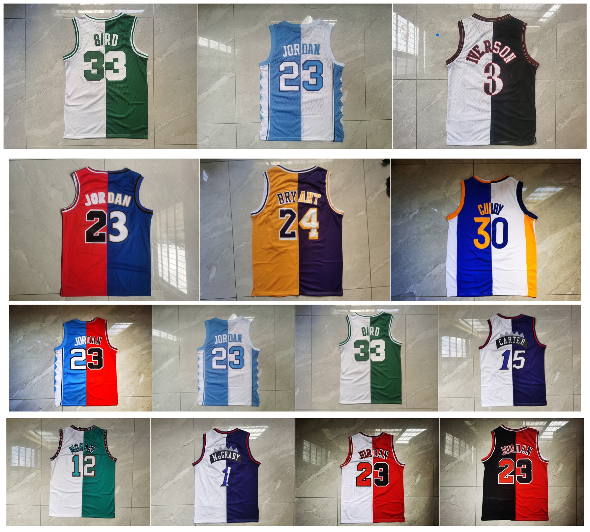 Split Two Retro Stitched Basketball Jersey Allen Iverson Vince Carter Ja Morant Stephen Curry LARRY 33 BIRD 23 Michael Jor dan 24 Brayant Tracy Mcgrady Size S-XXL