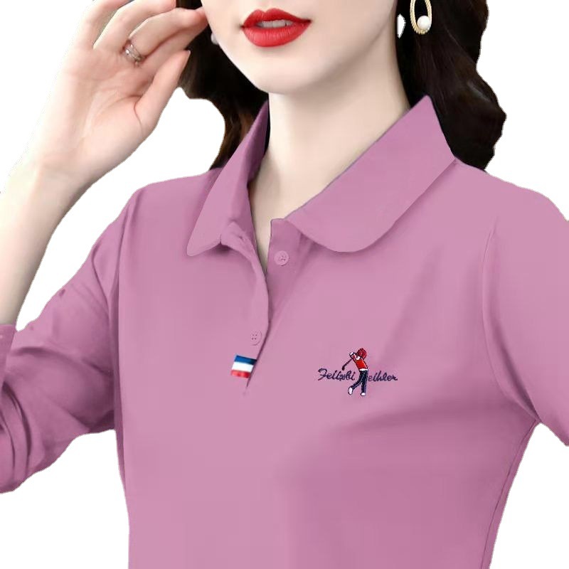 T-shirt women 2023 long sleeve large lapel polo shirt Spring and autumn embroidered bottomed T-shirt