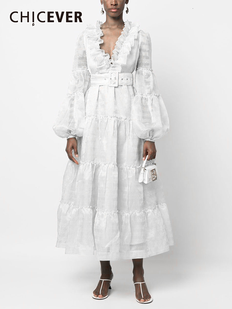 Casual Dresses CHICEVER Elegant Long Dresses For Women V Neck Puff Long Sleeve Patchwork Lace Temperament Maxi Female Spring Fashion 230424