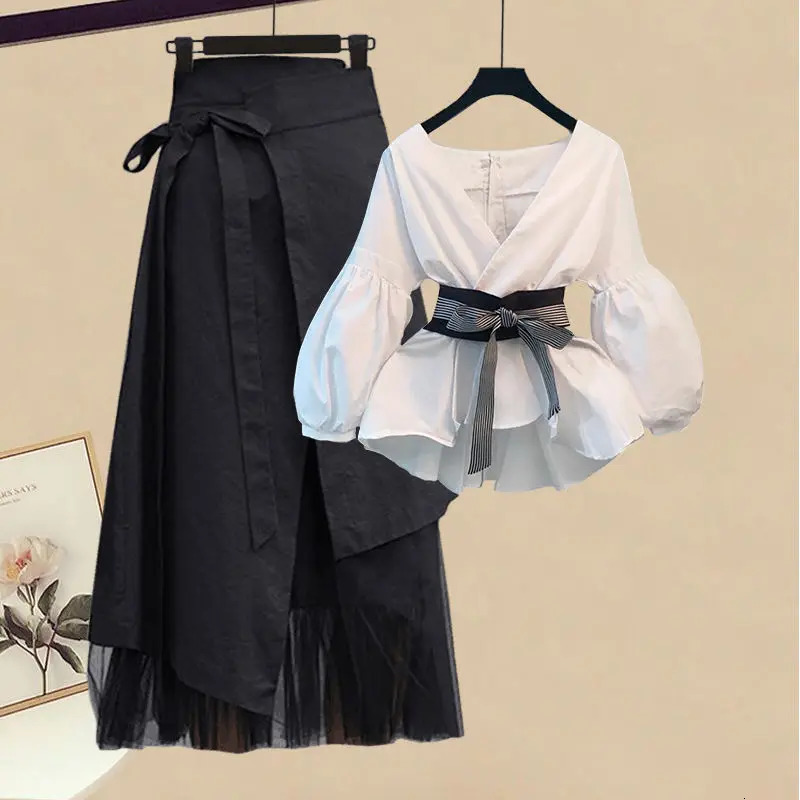 Skirts Large Size Women's Clothing 2023 Korean Spring Summer Long Sleeved T shirt Temperament High Waist Skirt Two piece Set 231123