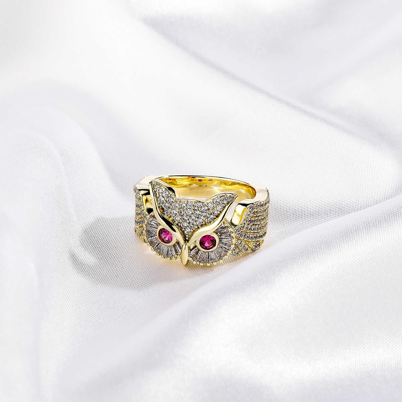 New Hip-hop Style Zirconium Filled Owl Band Ring For Men And Women INS Trendy Personalized Index Finger Rings 14k Real Gold Plated Bijoux Rapper Wolf 