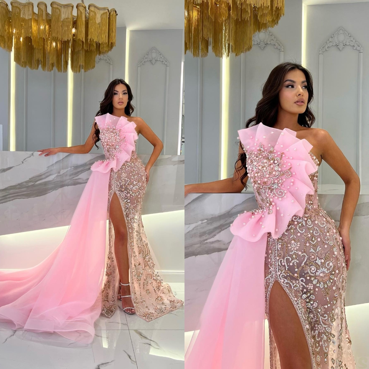 Gorgeous Mermaid Prom Dresses Art Deco-inspired Neck Applicant Beads Tulle Side Split Zipper Draped Detachable Tail Custom Made Party Dress Vestido De