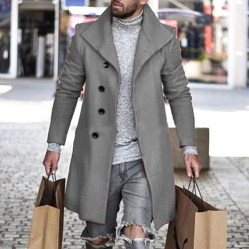 Men's Wool Blends Men's Casual Trench Solid Color Outwear Woolen Cloth Great Coats Winter Middle Length Overcoat Jackets Men Clothing 231123