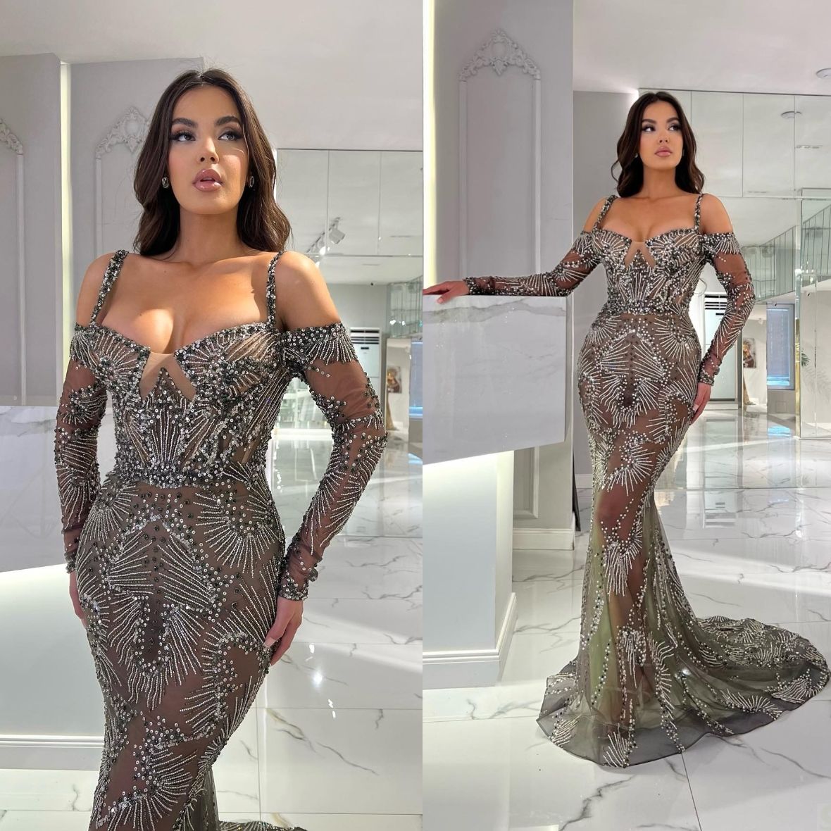 Chic Spaghetti Straps Prom Dresses Beading Party Dresses Illusion Sleeveless Custom Made Evening Dress