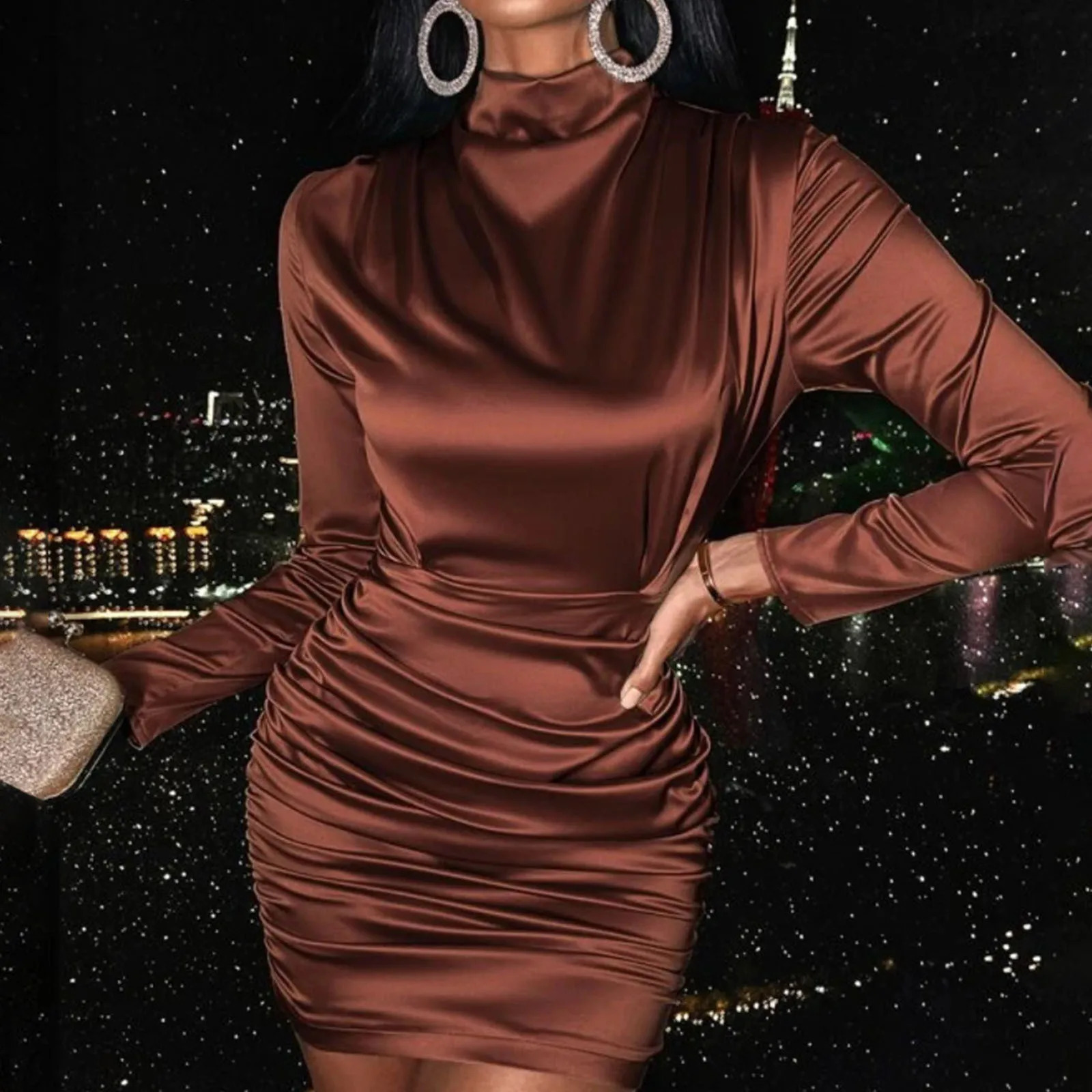 Basic Casual Dresses Womens Sexy Bodycon Women High Neck Ruched Satin Dress Ruffled Ruffle J Gee 231123