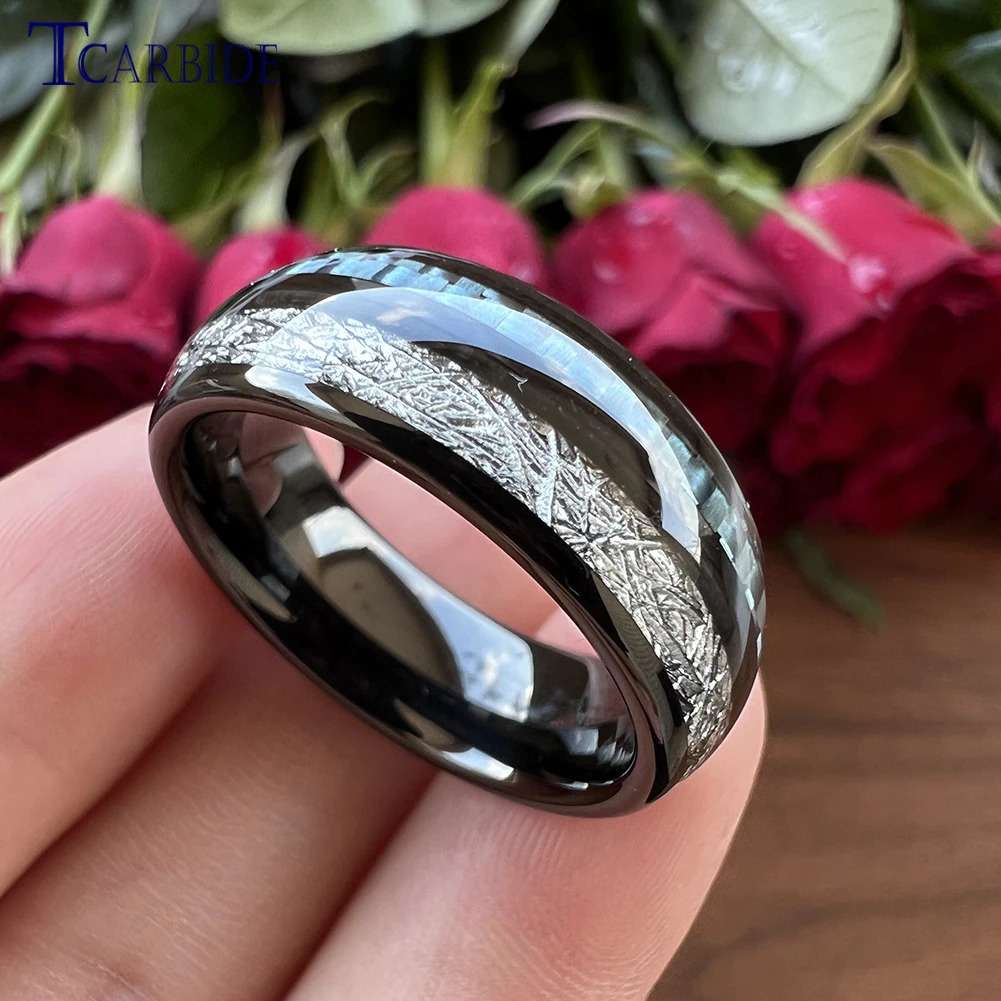 Band Rings 8MM Men Women Tungsten Wedding Band Rings With Blue Carbon Fiber And White Meteorite Inlay Comfort Fit 231124