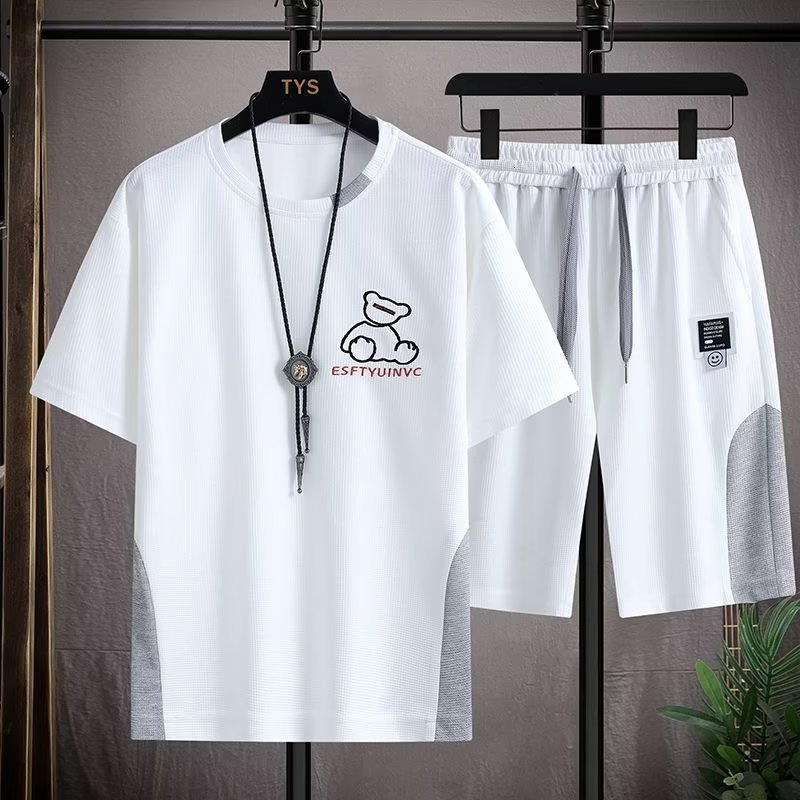 Men's Tracksuits Korean Waffle Men's Short Suit Summer Trend Funny Bear White Suit Casual Men Clothing Crew Neck T-shirt Shorts Two-piece Se