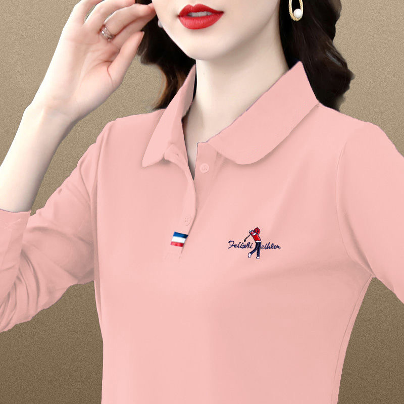 T-shirt women 2023 long sleeve large lapel polo shirt Spring and autumn embroidered bottomed T-shirt