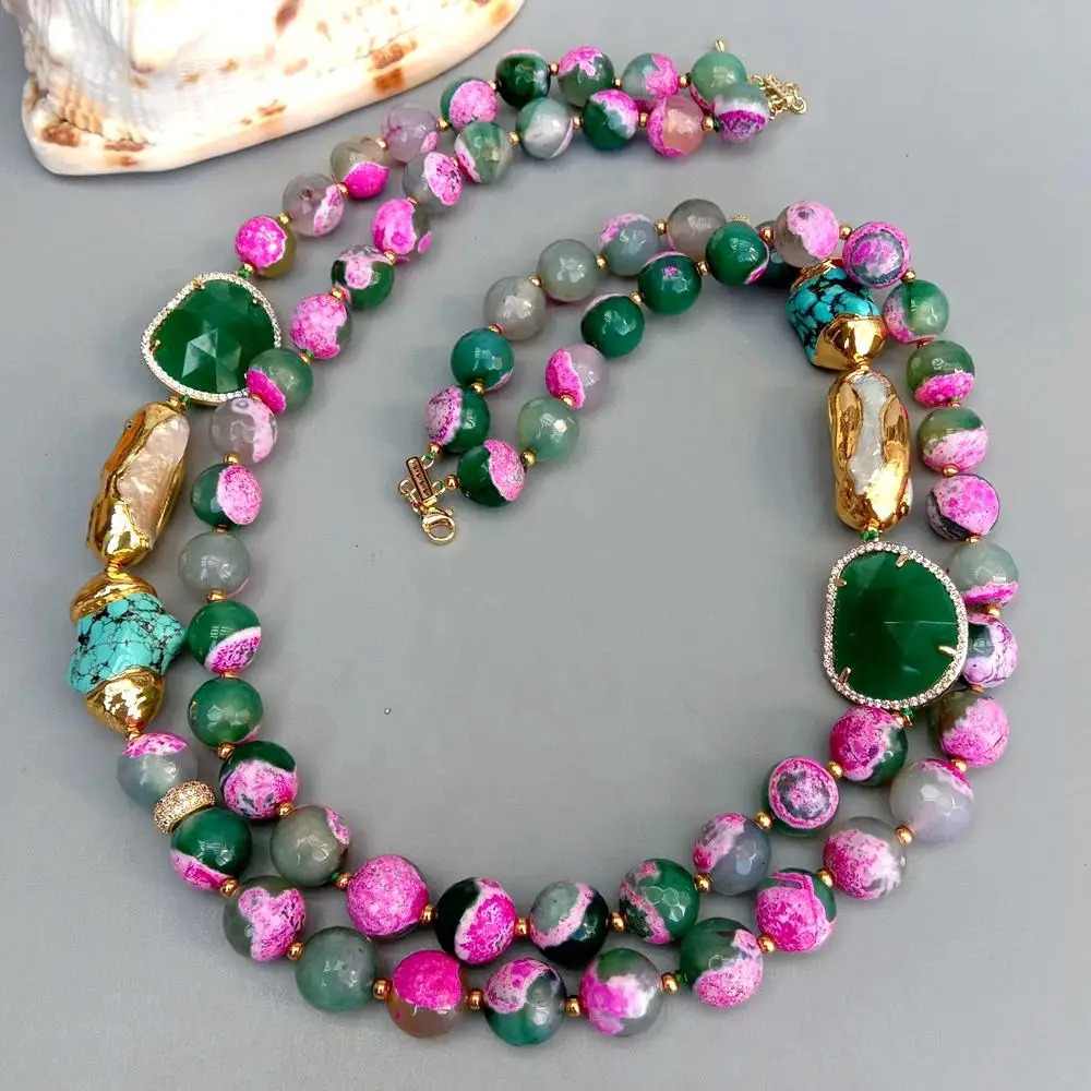 Beaded Necklaces KKGEM 21"-23" 2Strands 12mm fuchsia Green Faceted Agate White Biwa Pearl Crystal Turquoise choker Necklace 231124