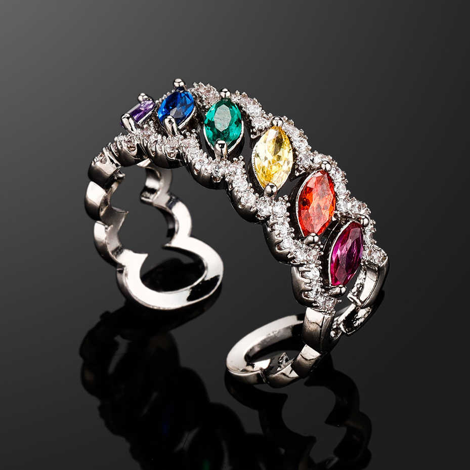 Adjustable Opening Colorful Horse Eye Cuff Band Rings Multi Color Cz Stone Hollow Open Adjustable Finger Ring Classic Cubic Zircon Wedding Bridal Jewe