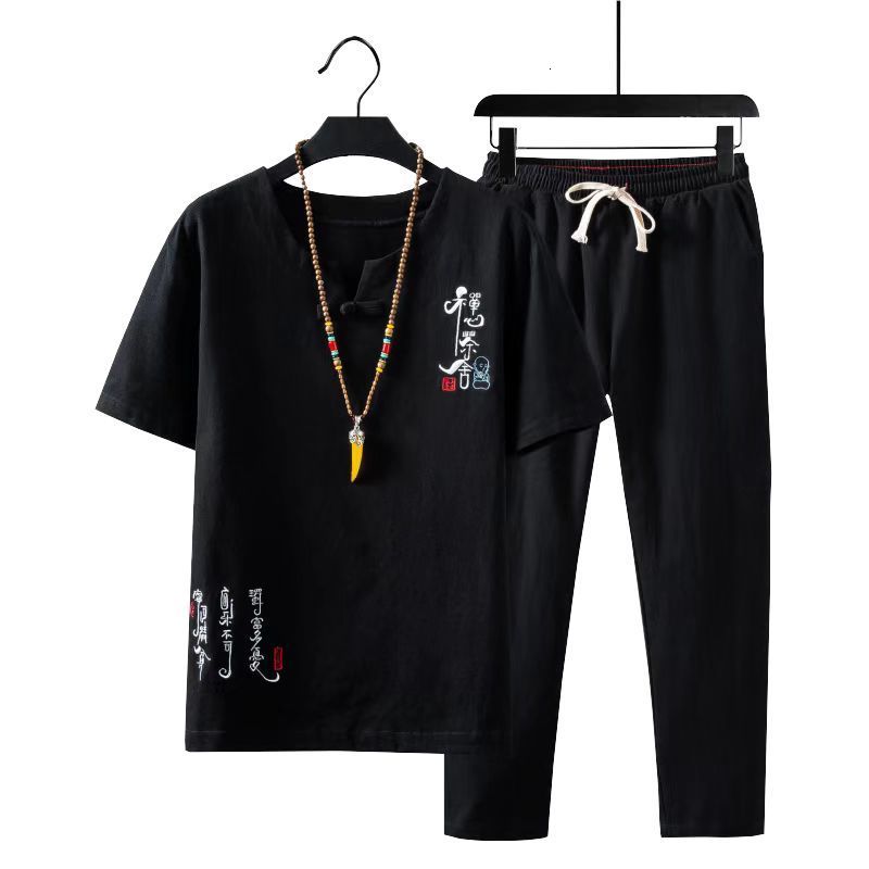Men's Tracksuits Arrival Men's Cotton and Linen Short Sleeve T-shirtAnkle Length Pant Set Solid ShirtTrousers Home Suits Male Size M-5XL 230