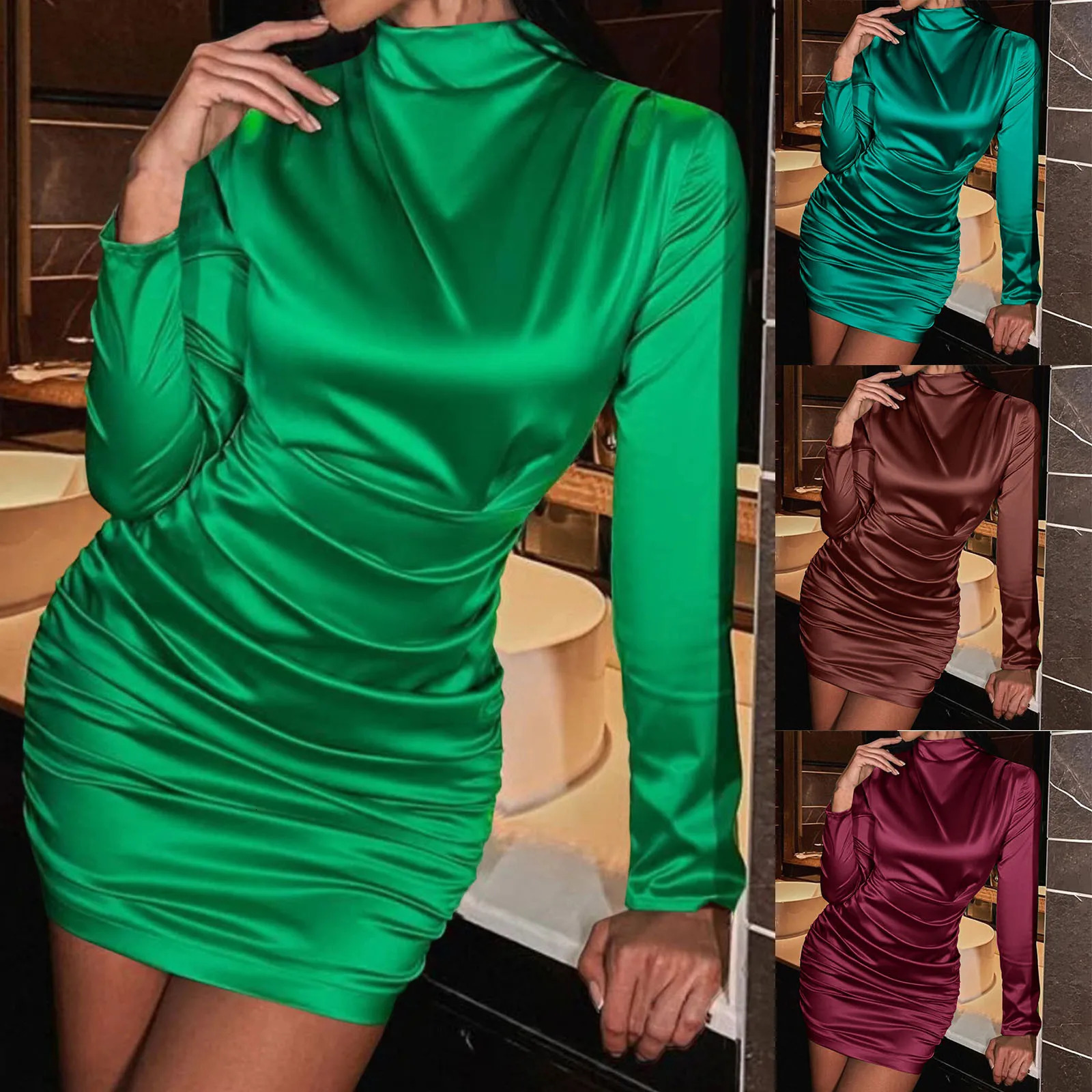 Basic Casual Dresses Womens Sexy Bodycon Women High Neck Ruched Satin Dress Ruffled Ruffle J Gee 231123
