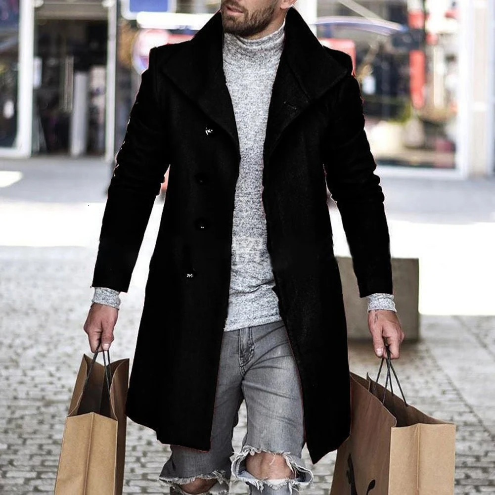 Men's Wool Blends Men's Casual Trench Solid Color Outwear Woolen Cloth Great Coats Winter Middle Length Overcoat Jackets Men Clothing 231123