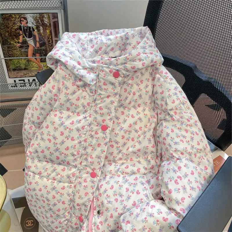 Women's Down Parkas Japanese Style Cute Floral Bear Cotton-padded Men's and Women's Fall/Winter Vintage Soft Preppy Thick Hooded Coat 2